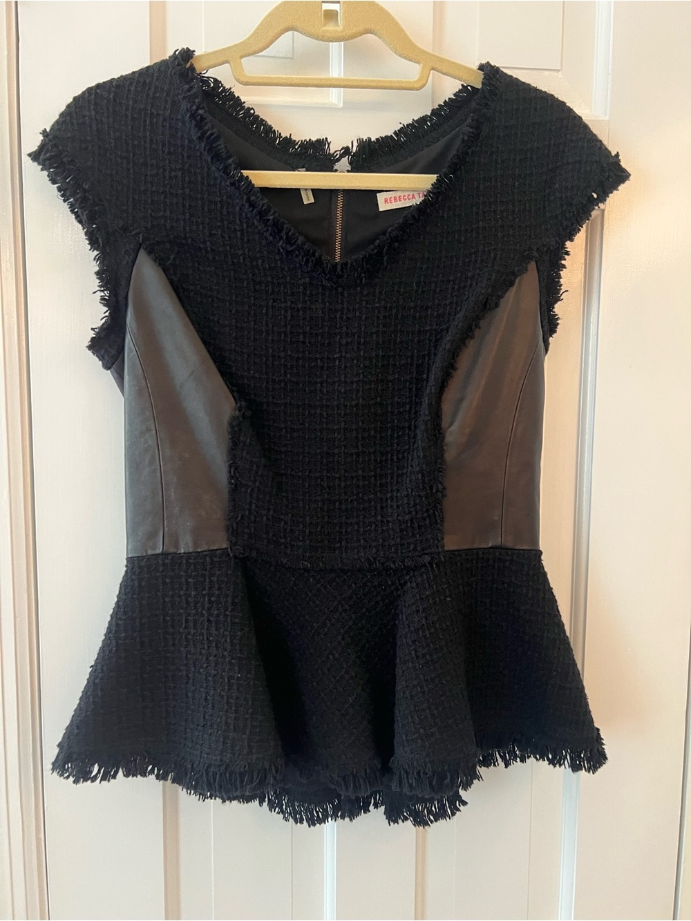 Rebecca Taylor Black Tweed Peplum Top with Leather Panels